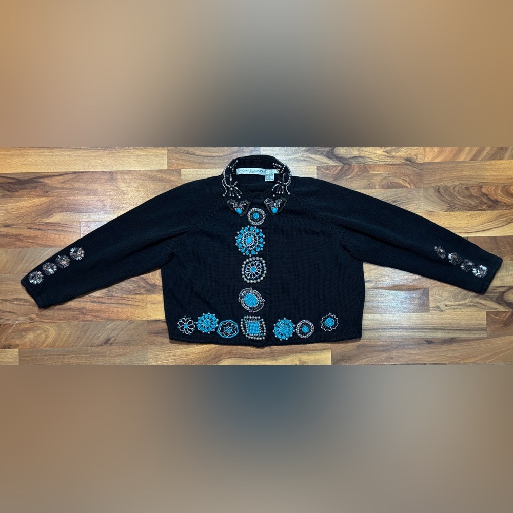 Vintage Embellished Michael Simon Sweater Cardigan Turquoise Rhinestones Size 1